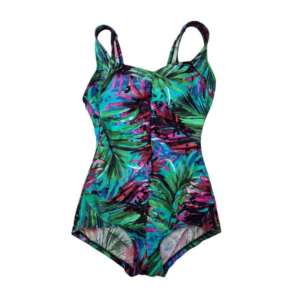 MAXINE OF HOLLYWOOD Tropical Leaf Print One Piece Swim Suit Size Small Medium
